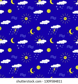 Seamless pattern of weather icons clouds, sun, rain, moon on a blue background for decoration, packaging, scrapbooking, fabric. Vector image