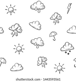 Seamless pattern with weather icons. Hand drawn sketch converted to vector