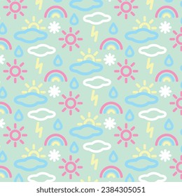 Seamless pattern of weather icons in line style. Weather news, 3D illustration. Weather seasons forecast symbols