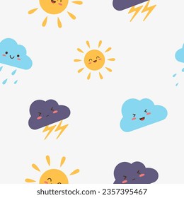 Patrón sin foco. El clima al estilo kawaii. Ilustración de tapices y tejidos para niños.	