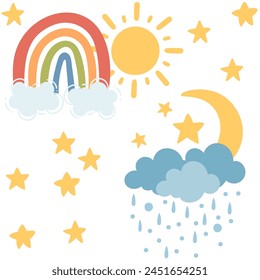 Seamless pattern of weather rainbow sun moon and clouds vector illustration on white background