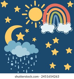 Seamless pattern of weather rainbow sun moon and clouds vector illustration on blue background