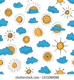 Seamless pattern of weather symbols hand drawn  in cartoon style. Vector illustration of isolated weather icons on a white background. Weather forecast meteorology and climate symbols. 