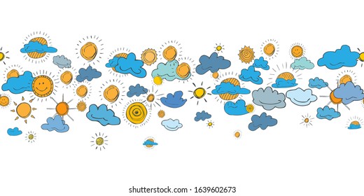 Seamless pattern of weather symbols hand drawn  in cartoon style. Vector illustration of isolated weather icons on a white background. Weather forecast meteorology and climate symbols. 