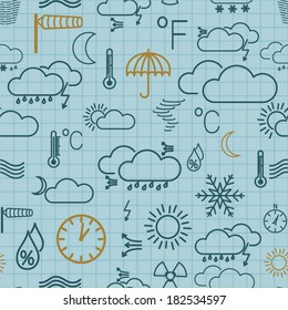 Seamless pattern of weather symbols on light blue checkered background