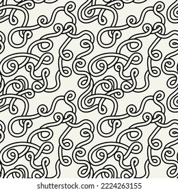 Seamless pattern with weaved knots. Monochrome abstract background. Vector interwoven hand-drawn design.