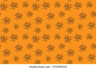 Seamless pattern of webs in doodle style on orange background. Halloween party symbols. Can be used for scrapbook digital paper, textile print, wallpaper. Vector hand drawn illustration.