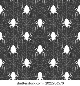 Seamless pattern with webs and spiders. Dark background in the Halloween theme. A terrifying vector illustration for printing on wrapping paper, booklets and flyers