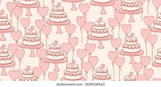 seamless pattern with wedding cake and ballons, coquette elements for Valentines day, romantic cector background