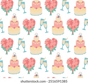 Seamless pattern with wedding cake, bouquet and glasses. Cute celebration background.	