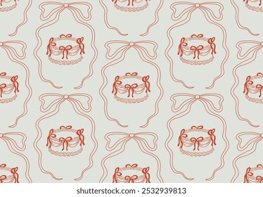 Seamless pattern with wedding cakes and ribbons. Vintage vector background in coquette aesthetic. Holiday cakes and bow ribbons illustration in sketch style