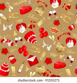 Seamless pattern of wedding day. Useful for wedding gift paper. Vector illustration in gold and red colors