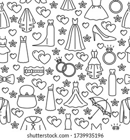 Seamless pattern with wedding dress and accessories, line icon on a white background. Template for wedding boutique, bridal store. Concept for web banners and printed materials