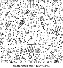 Seamless pattern of wedding elements in doodle style. Endless background with holiday symbols. Vector illustration.