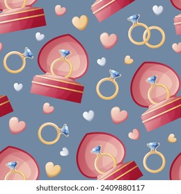 Seamless pattern with wedding gold rings in a box with hearts. Great for wrapping paper, fabric, wallpaper, textiles. Background for Valentine's Day.