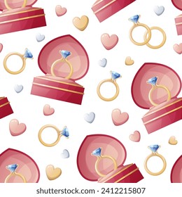 Seamless pattern with wedding gold rings in a box with hearts. Great for wrapping paper, fabric, wallpaper, textiles. Background for Valentine's Day.