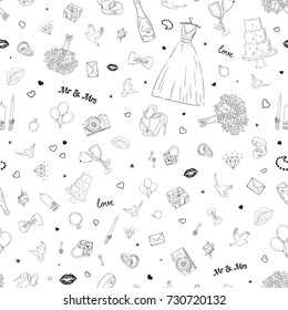 Seamless pattern with wedding icons. Wedding, marriage, bridal. Hand drawn romantic vector background