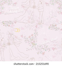 Seamless pattern of wedding illustration. Texture with  groom  bride and rings. Vector illustration