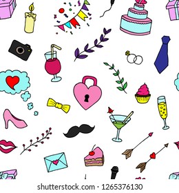 Seamless pattern of wedding illustrations. Vector cartoon background. Hand-drawn style.