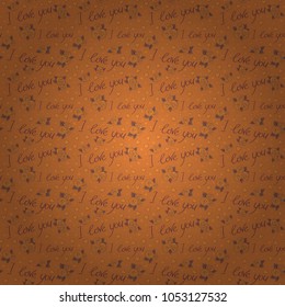 Seamless pattern wedding invitation, poster or home decor, calligraphy. Vector seamless Handwritten lettering quote about love to Valentines day design in brown, purple and orange colors.