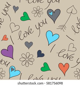 Seamless pattern wedding invitation, poster or home decor, calligraphy. Vector seamless Handwritten lettering quote about love to Valentines day design in orange, purple and blue colors.