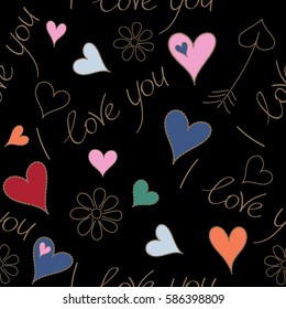 Seamless pattern wedding invitation, poster or home decor, calligraphy on a black backdrop. Vector seamless Handwritten lettering quote about love to Valentines day design in red, pink and blue colors