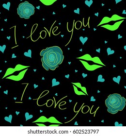 Seamless pattern wedding invitation, poster or home decor, calligraphy on a black backdrop. Vector seamless Handwritten lettering quote about love to Valentines day design in green and blue colors.