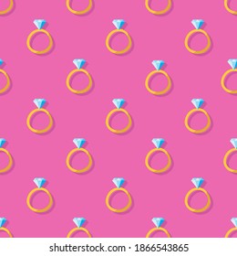 Seamless pattern with wedding ring and diamond on pink background. The ring on Valentine's Day. Trending pattern for wrapping paper, fabric, stationery, background, banners, postcards, web pages