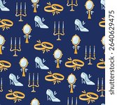 Seamless pattern wedding stickers high heel shoe, candelabra with candles, hand mirror, and gold rings. Flat vector illustration on background. Bridal accessories and wedding ceremony concept