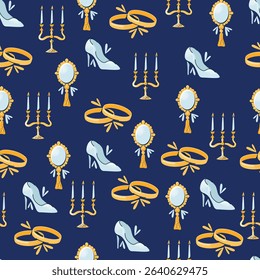 Seamless pattern wedding stickers high heel shoe, candelabra with candles, hand mirror, and gold rings. Flat vector illustration on background. Bridal accessories and wedding ceremony concept