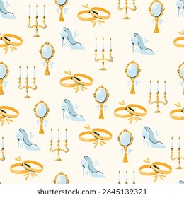 Seamless pattern wedding stickers high heel shoe, candelabra with candles, hand mirror, and gold rings. Flat vector illustration on light background. Bridal accessories and wedding ceremony concept