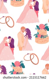 Seamless pattern with wedding theme. Groom and bride hold hands, exchange rings. Cake and rings. Vector illustration.