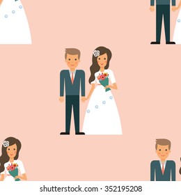 Seamless pattern of the wedding.Cartoon bride and groom.The wedding invitation. Valentine's day