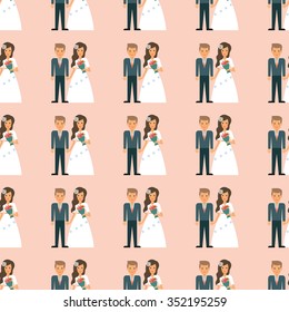 Seamless pattern of the wedding.Cartoon bride and groom.The wedding invitation. Valentine's day