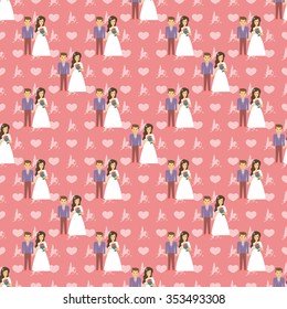 Seamless pattern of the wedding.Cartoon bride and groom.The wedding invitation. Valentine's day