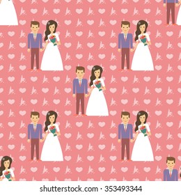 Seamless pattern of the wedding.Cartoon bride and groom.The wedding invitation. Valentine's day