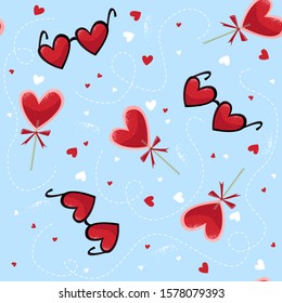 Seamless pattern for weeding or Valentine's Day. Vector llustration with love consist of hearts, lollipop, sunglasses