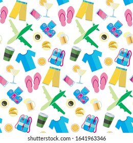 Seamless pattern Weekend Travel, Tourism, Holiday, Summer background. Flat graphics illustration of summer symbols: sea, vacation, beach, airplane, slippers, backpack, camera, cocktail, drinks, fruits