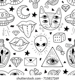  Seamless pattern with weird and freaky alchemy symbols. Lovely vector illustration and design for fabrics, textile, wallpaper and background.