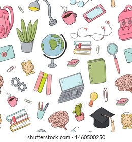 Seamless pattern of welcome back to school. Students Background. Back to school shopping. Super sale. Hand drawn school elements. Vector illustration. White background. Cartoon style.