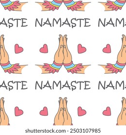 Seamless pattern with welcome gesture of hands of Indian woman character in namaste mudra. Hinduism ceremony, ornament, decor. Texture isolated on white background. Doodle design vector illustration