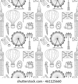Seamless pattern with Welcome to Great Britain hand drawn icons. Doodle vector United Kingdom related collection