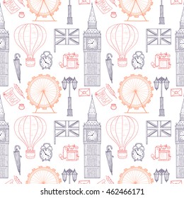 Seamless pattern with Welcome to Great Britain hand drawn icons. Doodle vector United Kingdom related collection