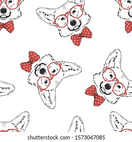 Seamless pattern with Welsh Corgi breed dog wear red glasses, tie bow isolated on white background Symmetrical pet head background. Realistic hand drawn vector illustration.