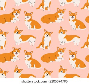 Seamless pattern of welsh corgi dog in different poses. Standing, sitting, lying down. Hand-drawn dog in contemporary flat style, and line art. Cartoon animal, pet. 