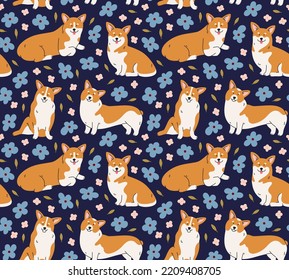 Seamless pattern of welsh corgi dog in different poses with flowers on blue background. Standing, sitting, lying down. Hand-drawn dog in contemporary flat style, and line art. Cartoon animal, pet. 