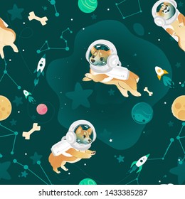 Seamless pattern with Welsh Corgi dogs flying in open space cartoon style, vector illustration. Textile or wallpaper repeating print with puppies in astronaut suits and helmets on cosmic background
