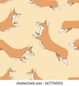 Seamless pattern with welsh corgi pembroke in a jump on a yellow background. Vector stock illustration as a backdrop with a random doodle dog for printing on fabric or paper