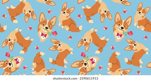 Seamless pattern Welsh Corgi Pembroke dog with flowers and balloons. Pets, animals. Background for decor and textiles