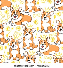 Seamless pattern with welsh corgi pembroke, crown, bones, arrows and flowers. Vector background with queen dogs. 